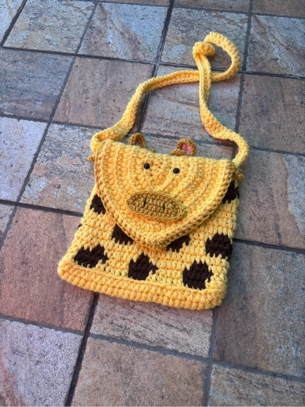 Handmade Crochet Giraffe Crossbody Bag | Yellow & Brown Cotton Yarn Kids Purse